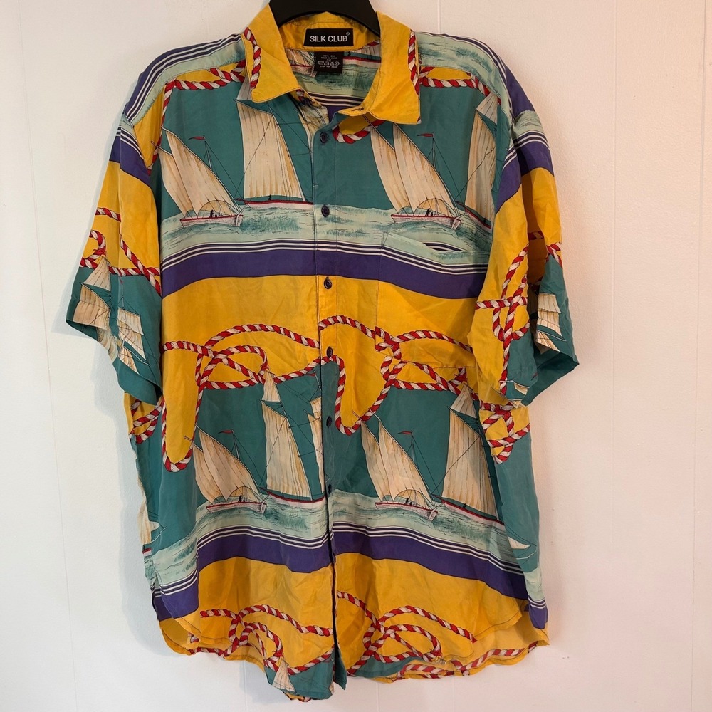 Silk Club Mens 2X Silk Nautical Sailboat Print Short Sleeve Button Down Shirt